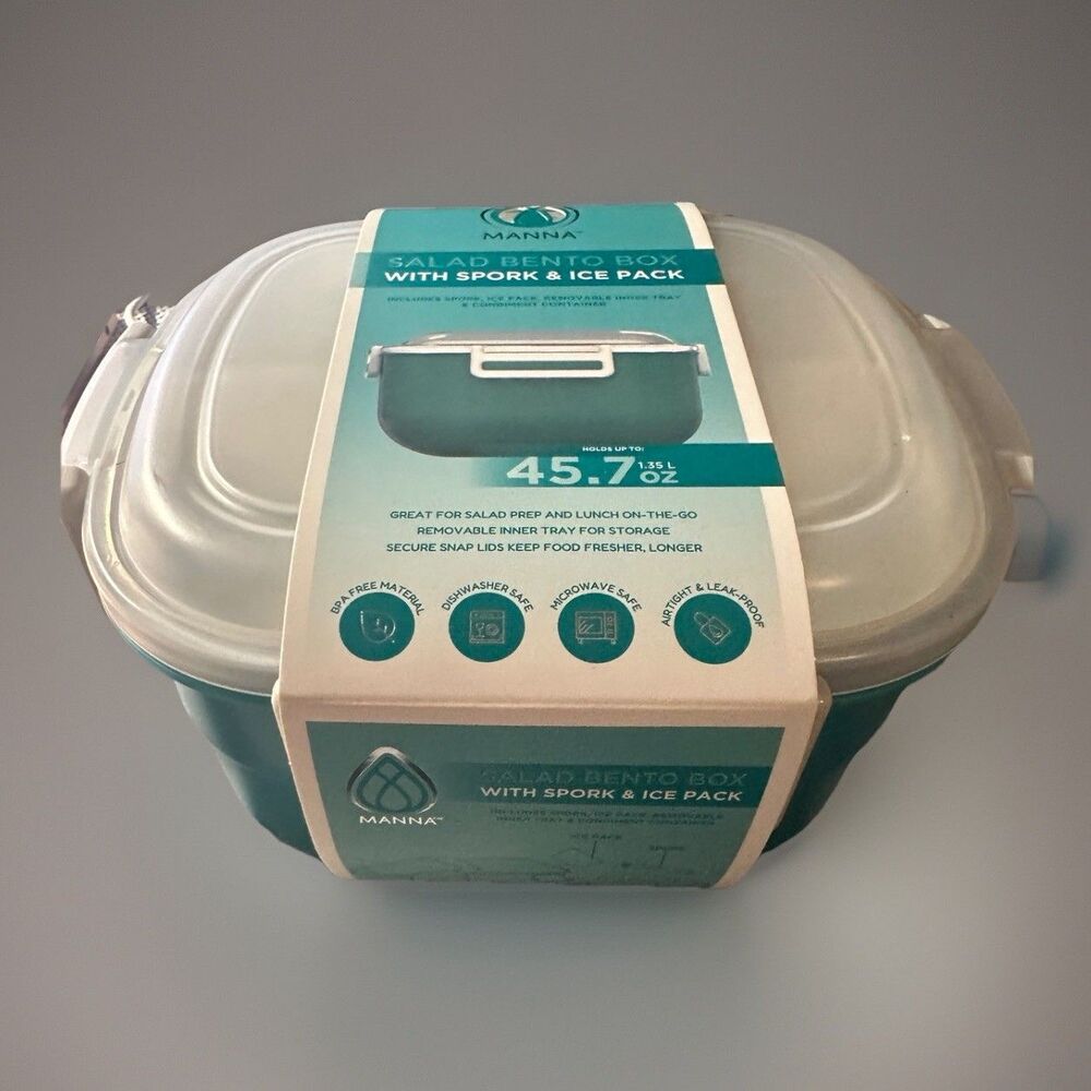 All-in-One Salad Lunch Container, Bento Lunch Box 47.5-oz SPORK & ICEPACK-‎ Teal